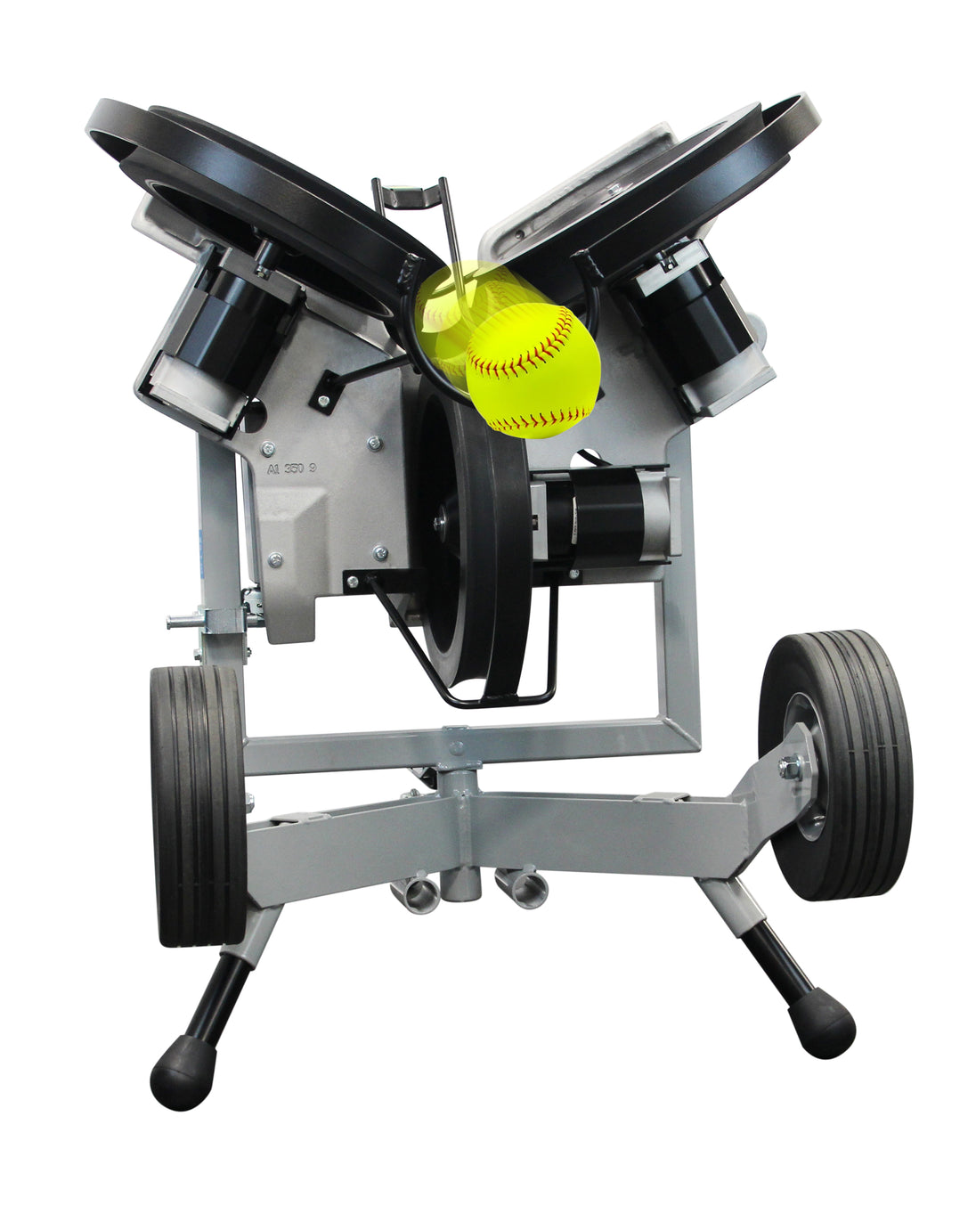 Front view of Sports Attack Hack Attack softball pitching machine with ball