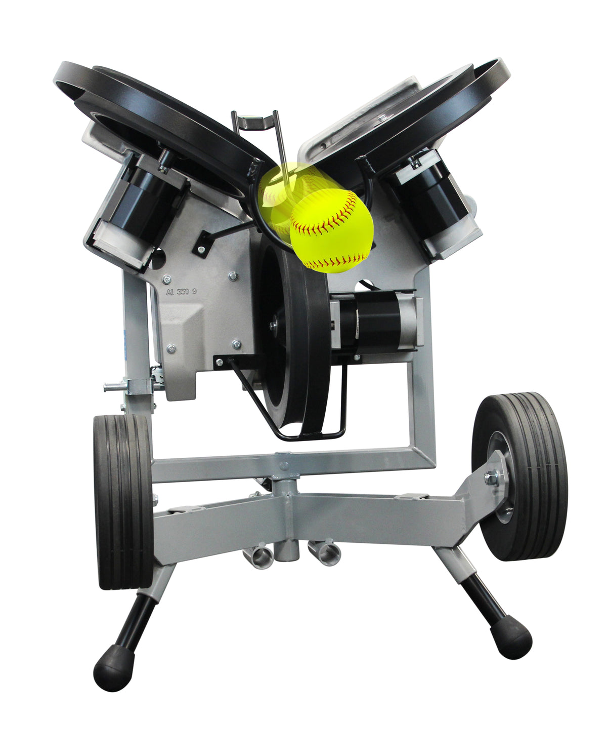 Front view of Sports Attack Hack Attack softball pitching machine with ball